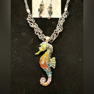 Fashion necklace & earring set - seahorse with rhinestones.